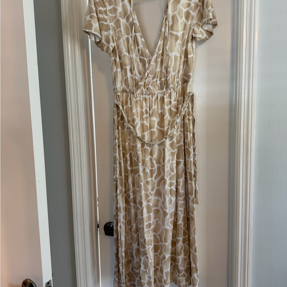 LOFT Beige and Cream Printed Wrap Maxi Dress